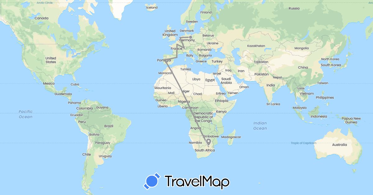TravelMap itinerary: plane in Switzerland, Germany, Spain, France, Netherlands, Portugal, South Africa (Africa, Europe)